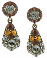 Bohemian beauties from 2028. These drop earrings feature chic color with topaz and black diamond glass accents. Crafted in burnished brass. Approximate drop: 1 inch. Bohemian beauties from 2028. These drop earrings feature chic color with topaz and black diamond glass accents. Crafted in burnished brass. Approximate drop: 1 inch.
