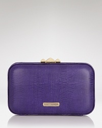 Don't shrink from bold accessorizing. This shapely clutch from Rebecca Minkoff is perfectly sized for the evening essentials, in a violet hue that is sure to standout. Don't shrink from bold accessorizing. This shapely clutch from Rebecca Minkoff is perfectly sized for the evening essentials, in a violet hue that is sure to standout.