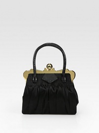 A stunning bag of elegantly pleated satin with tejus accents. Double top handles, 4½ dropClasp closureTwo inside open pocketsSatin lining8W X 7½H X 2¾DMade in Italy A stunning bag of elegantly pleated satin with tejus accents. Double top handles, 4½ dropClasp closureTwo inside open pocketsSatin lining8W X 7½H X 2¾DMade in Italy