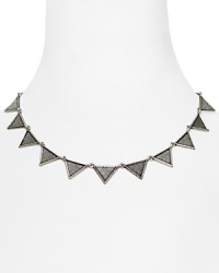 Make a subversive statement with this House of Harlow 1960 necklace, accented by a collar of edge right triangle stations. Make a subversive statement with this House of Harlow 1960 necklace, accented by a collar of edge right triangle stations.