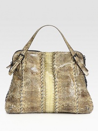 Super-chic cobra pairs with butter-soft lambskin leather in this slouchy top-handle design. Double adjustable top handles, 2½-5½ dropTop zip closureTwo inside zip compartmentsOne inside zip pocketOne inside open pocketSuede and pebbled leather lining15W X 11½H X 1DMade in Italy Super-chic cobra pairs with butter-soft lambskin leather in this slouchy top-handle design. Double adjustable top handles, 2½-5½ dropTop zip closureTwo inside zip compartmentsOne inside zip pocketOne inside open pocketSuede and pebbled leather lining15W X 11½H X 1DMade in Italy