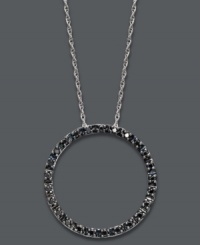 Black diamonds (1/4 ct. t.w.) transform this traditional open-cut circle into a striking silhouette. Setting and chain crafted in sterling silver with an intricate hearts in the gallery detailing at the back and sides. Approximate length: 18 inches. Approximate drop: 1 inch. Black diamonds (1/4 ct. t.w.) transform this traditional open-cut circle into a striking silhouette. Setting and chain crafted in sterling silver with an intricate hearts in the gallery detailing at the back and sides. Approximate length: 18 inches. Approximate drop: 1 inch.