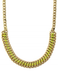 Grace your neck with colorful chic. Vince Camuto's chain necklace flaunts a bright yellow cord intertwined in the links. Finished with a lobster clasp closure. Crafted in gold tone mixed metal. Approximate length: 18 inches. Grace your neck with colorful chic. Vince Camuto's chain necklace flaunts a bright yellow cord intertwined in the links. Finished with a lobster clasp closure. Crafted in gold tone mixed metal. Approximate length: 18 inches.