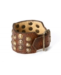 Hammered studs embellish Frye's distressed leather bracelet for a versatile accessory that works with both down-home and city-chic looks. Hammered studs embellish Frye's distressed leather bracelet for a versatile accessory that works with both down-home and city-chic looks.