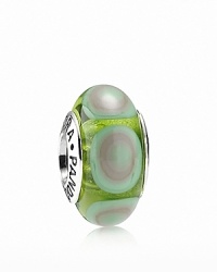 A concentric circular pattern adds decorative depth to this murano glass charm. Logo-engraved sterling silver trim displays the PANDORA signature. A concentric circular pattern adds decorative depth to this murano glass charm. Logo-engraved sterling silver trim displays the PANDORA signature.