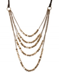 Gold standard. Lucky Brand's multi-strand necklace combines gold tone mixed-metal beads with trendy leather accents. Approximate length: 24 inches. Approximate drop: 4-1/2 inches. Gold standard. Lucky Brand's multi-strand necklace combines gold tone mixed-metal beads with trendy leather accents. Approximate length: 24 inches. Approximate drop: 4-1/2 inches.