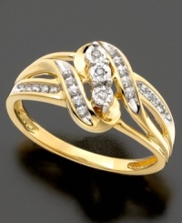 Add sweet sparkle in a delicious swirl. This rich, 14k gold ring features a three-stone design and a dusting of round-cut diamond accents. Add sweet sparkle in a delicious swirl. This rich, 14k gold ring features a three-stone design and a dusting of round-cut diamond accents.
