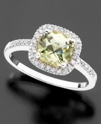 A gorgeous mix of color and sparkle. This ring features cushion-cut green quartz (1-1/10 ct. t.w.) surrounded by glittering round-cut diamonds (1/5 ct. t.w.). Set in 14k white gold. A gorgeous mix of color and sparkle. This ring features cushion-cut green quartz (1-1/10 ct. t.w.) surrounded by glittering round-cut diamonds (1/5 ct. t.w.). Set in 14k white gold.
