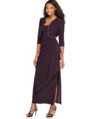 This elegant dress and jacket ensemble from Alex Evenings has super-feminine details like pretty beaded trim and a graceful drape for a stunning special occasion look. This elegant dress and jacket ensemble from Alex Evenings has super-feminine details like pretty beaded trim and a graceful drape for a stunning special occasion look.