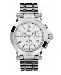 This bold chronograph by Gc Swiss Made Timepieces has a clean and classic feel, perfect for work or play. Polished stainless steel bracelet and round case. Textured silvertone dial features numerals at twelve and eight o'clock, stick indices, date window and three chronograph subdials. Swiss movement. Water resistant to 100 meters. Ten-year limited warranty. Luxury Gc gift box packaging included. This bold chronograph by Gc Swiss Made Timepieces has a clean and classic feel, perfect for work or play. Polished stainless steel bracelet and round case. Textured silvertone dial features numerals at twelve and eight o'clock, stick indices, date window and three chronograph subdials. Swiss movement. Water resistant to 100 meters. Ten-year limited warranty. Luxury Gc gift box packaging included.