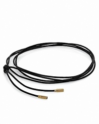 Put a bohemian twist on your PANDORA pieces with a luxe black leather cord, worn either as a necklace or wrap bracelet. 14K gold logo-engraved tips complete the look. Put a bohemian twist on your PANDORA pieces with a luxe black leather cord, worn either as a necklace or wrap bracelet. 14K gold logo-engraved tips complete the look.