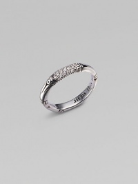 From the Bamboo Collection. The natural inspiration of bamboo meets the eternal glamour of diamonds in a slim sterling band with a pavé diamonds. This design was expressly created to support an afforestation project on Nusa Penida, an arid island off the coast of Bali. For every purchase, John Hardy will donate a portion of the retail price to the cost of planting bamboo. This ring will help plant 9 bamboos. Diamonds, 0.07 tcw Sterling silver Made in Bali From the Bamboo Collection. The natural inspiration of bamboo meets the eternal glamour of diamonds in a slim sterling band with a pavé diamonds. This design was expressly created to support an afforestation project on Nusa Penida, an arid island off the coast of Bali. For every purchase, John Hardy will donate a portion of the retail price to the cost of planting bamboo. This ring will help plant 9 bamboos. Diamonds, 0.07 tcw Sterling silver Made in Bali