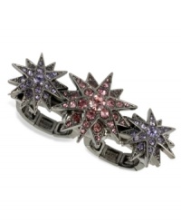Shine like a star. Betsey Johnson's two-finger stretch ring is crafted from hematite-tone mixed metal with colorful glass crystal accents providing the sparkle. Shine like a star. Betsey Johnson's two-finger stretch ring is crafted from hematite-tone mixed metal with colorful glass crystal accents providing the sparkle.