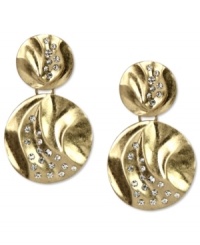 Sparkling drops of sun, by Jones New York. Crafted from worn gold tone mixed metal, Jones New York's double drop earrings feature a textured appearance embellished with glass crystal accents. Clip-on backing for non-pierced ears. Approximate drop: 1-1/2 inches. Sparkling drops of sun, by Jones New York. Crafted from worn gold tone mixed metal, Jones New York's double drop earrings feature a textured appearance embellished with glass crystal accents. Clip-on backing for non-pierced ears. Approximate drop: 1-1/2 inches.