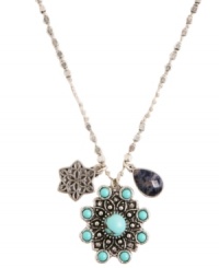 Turning on the charm, this necklace from Lucky Brand is crafted from silver-tone mixed metal, and features semi-precious turquoise and lapis accents for a classic touch. Item comes packaged in a signature Lucky Brand Box. Approximate drop: 30 inches. Approximate drop: 1-1/2 inches. Turning on the charm, this necklace from Lucky Brand is crafted from silver-tone mixed metal, and features semi-precious turquoise and lapis accents for a classic touch. Item comes packaged in a signature Lucky Brand Box. Approximate drop: 30 inches. Approximate drop: 1-1/2 inches.