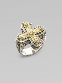 Brilliant diamonds and radiant 18k gold cross inset in beautifully detailed sterling silver. Sterling silver18k goldDiamonds, .09 tcwWidth, about 1Imported Brilliant diamonds and radiant 18k gold cross inset in beautifully detailed sterling silver. Sterling silver18k goldDiamonds, .09 tcwWidth, about 1Imported