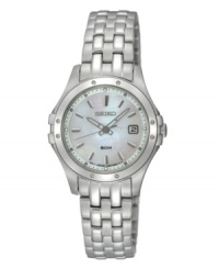 Prismatic appeal. Catch eyes with this gorgeous Le Grand Sport watch by Seiko. Stainless steel bracelet and round case, 30mm. White mother-of-pearl dial features silver tone stick indices, date window at three o'clock, three hands and logo. Quartz movement. Water resistant to 50 meters. Three-year limited warranty. Prismatic appeal. Catch eyes with this gorgeous Le Grand Sport watch by Seiko. Stainless steel bracelet and round case, 30mm. White mother-of-pearl dial features silver tone stick indices, date window at three o'clock, three hands and logo. Quartz movement. Water resistant to 50 meters. Three-year limited warranty.
