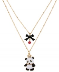 Animal magnetism. Pandas are always hard to resist, and Betsey Johnson puts a charming one front and center in this two-row necklace. Crafted from antique gold-tone mixed metal, the necklace also features a black bow and other sparkling accents. Item comes packaged in a signature Betsey Johnson Gift Box. Approximate length: 16 inches + 3-inch extender. Approximate drop: 2-3/4 inches. Animal magnetism. Pandas are always hard to resist, and Betsey Johnson puts a charming one front and center in this two-row necklace. Crafted from antique gold-tone mixed metal, the necklace also features a black bow and other sparkling accents. Item comes packaged in a signature Betsey Johnson Gift Box. Approximate length: 16 inches + 3-inch extender. Approximate drop: 2-3/4 inches.