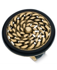 Quite fitting. The stretch ring from T Tahari, crafted from nickel free mixed metal with 14k gold plating, features jet accents and a rope design. Approximate diameter: 1/2 inch. Quite fitting. The stretch ring from T Tahari, crafted from nickel free mixed metal with 14k gold plating, features jet accents and a rope design. Approximate diameter: 1/2 inch.