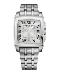 Make an unforgettable impression with time-tested style. Dress watch by Hugo Boss crafted of stainless steel bracelet and rectangular case. Silver tone sunray dial features black Roman numerals at markers, minute track, date window at six o'clock, three hands and logo. Quartz movement. Water resistant to 30 meters. Two-year limited warranty. Make an unforgettable impression with time-tested style. Dress watch by Hugo Boss crafted of stainless steel bracelet and rectangular case. Silver tone sunray dial features black Roman numerals at markers, minute track, date window at six o'clock, three hands and logo. Quartz movement. Water resistant to 30 meters. Two-year limited warranty.