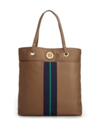 Chic pebbled leather and high-shine goldtone hardware add posh appeal to this gorgeous Tommy Hilfiger style. With a signature center striped detail and a tote-able shape, this style will become a staple in your collection. Chic pebbled leather and high-shine goldtone hardware add posh appeal to this gorgeous Tommy Hilfiger style. With a signature center striped detail and a tote-able shape, this style will become a staple in your collection.