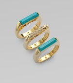 Three exquisite rings with either bold turquoise bars or dazzling rhinestones, perfect for stacking. TurquoiseGlass stonesGoldtone brassWidth, about ¾Imported