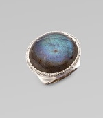 A stunning piece with large labradorite cabochon surrounded by dazzling diamonds. Diamonds, 0.62 tcwLabradorite Sterling silver Width, about 1Imported 