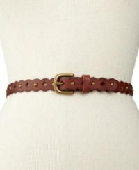 A feminine scalloped design blends with subtle perforations and studs on this thin leather belt from Fossil. A feminine scalloped design blends with subtle perforations and studs on this thin leather belt from Fossil.