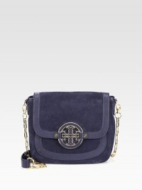 Luxuriously soft suede trimmed in leather with an iconic logo emblem.Detachable adjustable chain and leather shoulder strap, 18-23 dropMagnetic snap flap closureOne open pocket under flapOne inside zip pocketTwo inside open pocketsCanvas lining11¾W X 9½H X 3DImported Luxuriously soft suede trimmed in leather with an iconic logo emblem.Detachable adjustable chain and leather shoulder strap, 18-23 dropMagnetic snap flap closureOne open pocket under flapOne inside zip pocketTwo inside open pocketsCanvas lining11¾W X 9½H X 3DImported