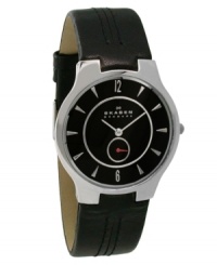 It's the perfect time for a touch of modern style. The black leather strap with tonal stitching and round, black dial radiates unparalleled sophistication. Features seconds chronograph and ultraslim Swiss quartz. Water resistant up to 3 ATM. Lifetime limited warranty. It's the perfect time for a touch of modern style. The black leather strap with tonal stitching and round, black dial radiates unparalleled sophistication. Features seconds chronograph and ultraslim Swiss quartz. Water resistant up to 3 ATM. Lifetime limited warranty.