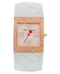 Wear your heart on your wrist with this adorable cuff watch from Betsey Johnson. Dressed in quilted leather with hints of rosy hues and crystal shimmer.