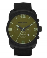 Rough up your reputation with this rugged watch by Diesel. Black canvas strap and round black ion-plated stainless steel case, 57x47mm. Green chronograph dial features numerals at twelve, three, six and nine o'clock, stick indices, date window, three subdials, luminous hands and logo. Quartz movement. Water resistant to 50 meters. Two-year limited warranty. Rough up your reputation with this rugged watch by Diesel. Black canvas strap and round black ion-plated stainless steel case, 57x47mm. Green chronograph dial features numerals at twelve, three, six and nine o'clock, stick indices, date window, three subdials, luminous hands and logo. Quartz movement. Water resistant to 50 meters. Two-year limited warranty.