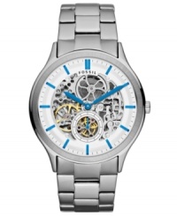 Get to the heart of the matter. This Ansel collection automatic watch from Fossil showcases its inner-workings with a skeleton dial and brings pop with cool blue accents. Get to the heart of the matter. This Ansel collection automatic watch from Fossil showcases its inner-workings with a skeleton dial and brings pop with cool blue accents.