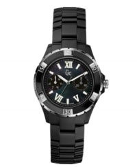 Command attention with this dusky creation from the Sport XL-S Glam series by Gc Swiss Made Timepieces. Watch crafted of black ceramic bracelet with a deployment clasp and two-side pushers and round black ceramic case. Silver tone numerals at bezel. Black dial with logo at twelve o'clock, two day/date subdials, luminescent hands and silver tone Roman numerals at twelve, five and seven o'clock, minute track and applied stick indices. Swiss quartz movement. Water resistant to 100 meters. Ten-year limited warranty. Luxury Gc gift box packaging included. Command attention with this dusky creation from the Sport XL-S Glam series by Gc Swiss Made Timepieces. Watch crafted of black ceramic bracelet with a deployment clasp and two-side pushers and round black ceramic case. Silver tone numerals at bezel. Black dial with logo at twelve o'clock, two day/date subdials, luminescent hands and silver tone Roman numerals at twelve, five and seven o'clock, minute track and applied stick indices. Swiss quartz movement. Water resistant to 100 meters. Ten-year limited warranty. Luxury Gc gift box packaging included.