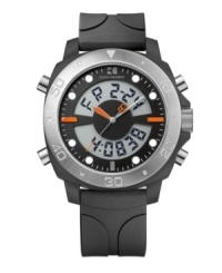 Get the best of both worlds with this handsome and functional watch by Hugo Boss. Crafted of black rubber strap and round stainless steel case. Bezel features engraved numerals. Black analog digital dial features two positive digital displays, white dot markers, applied stick indices at three, six and nine o'clock, minute track, silver tone three hands with orange accents, and logo at twelve o'clock. Quartz movement. Water resistant to 30 meters. Two-year limited warranty. Get the best of both worlds with this handsome and functional watch by Hugo Boss. Crafted of black rubber strap and round stainless steel case. Bezel features engraved numerals. Black analog digital dial features two positive digital displays, white dot markers, applied stick indices at three, six and nine o'clock, minute track, silver tone three hands with orange accents, and logo at twelve o'clock. Quartz movement. Water resistant to 30 meters. Two-year limited warranty.