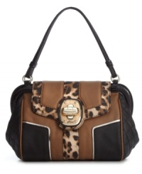 A classic satchel silhouette from GUESS gets a mod update with a dramatic center turnlock and leopard print piping. Perfectly organized interior neatly stores your wallet, phone, keys and all other travel essentials. A classic satchel silhouette from GUESS gets a mod update with a dramatic center turnlock and leopard print piping. Perfectly organized interior neatly stores your wallet, phone, keys and all other travel essentials.