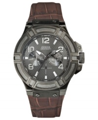 Help your casual looks stand out from the crowd with this stylish leather watch from GUESS. Help your casual looks stand out from the crowd with this stylish leather watch from GUESS.