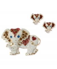 The elephants in the room are stylish ones. This brooch and stud earrings set from Betsey Johnson is crafted from antique gold-tone mixed metal with whimsical glass and glitter details. Items come packaged in a signature Betsey Johnson Gift Box. Approximate pin length: 1-3/4 inches. Approximate pin width: 2-1/4 inches. Approximate earrings length: 5/8 inch. Approximate earrings width: 3/4 inch. The elephants in the room are stylish ones. This brooch and stud earrings set from Betsey Johnson is crafted from antique gold-tone mixed metal with whimsical glass and glitter details. Items come packaged in a signature Betsey Johnson Gift Box. Approximate pin length: 1-3/4 inches. Approximate pin width: 2-1/4 inches. Approximate earrings length: 5/8 inch. Approximate earrings width: 3/4 inch.