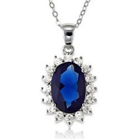 Sterling Silver Oval Blue Sapphire and CZ Princess Diana/Kate Middleton Pendant with Chain Sterling Silver Oval Blue Sapphire and CZ Princess Diana/Kate Middleton Pendant with Chain