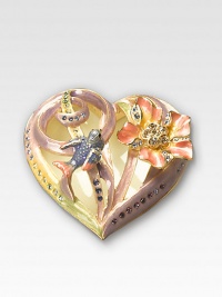 An absolutely stunning heirloom trinket box, handcrafted in 10K goldplated pewter with a tiny bird resting upon a Swarovski crystal-encrusted floral heart. Swarovski crystals 10K goldplated pewter 2W X 1¼H X 2D Made in USA An absolutely stunning heirloom trinket box, handcrafted in 10K goldplated pewter with a tiny bird resting upon a Swarovski crystal-encrusted floral heart. Swarovski crystals 10K goldplated pewter 2W X 1¼H X 2D Made in USA