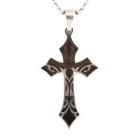 Stainless Steel Men's Black Enamel Tribal Design Cross Necklace on 22 Inch Ball Chain Stainless Steel Men's Black Enamel Tribal Design Cross Necklace on 22 Inch Ball Chain