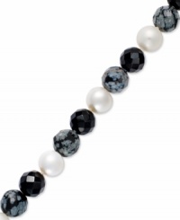 Ebony and ivory. A pretty combination of cultured freshwater pearls (8 mm), onyx (12 mm) and agate (12 mm) adorn this elegant sterling silver strand bracelet. Approximate length: 7 inches. Ebony and ivory. A pretty combination of cultured freshwater pearls (8 mm), onyx (12 mm) and agate (12 mm) adorn this elegant sterling silver strand bracelet. Approximate length: 7 inches.
