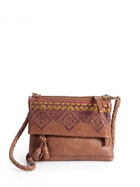 THE LOOKRemovable, adjustable braided crossbody strapFold-over top with zip closure and tassel pullsMulticolored woven topFront logo-embossed leather detailOne outside zip pocketOne inside open pocketOne inside zip pocketInside logo detailTHE MEASUREMENTAdjustable crossbody strap, 19-23 drop9½W X 7H X ¼DTHE MATERIALLeatherLogo printed liningORIGINImported THE LOOKRemovable, adjustable braided crossbody strapFold-over top with zip closure and tassel pullsMulticolored woven topFront logo-embossed leather detailOne outside zip pocketOne inside open pocketOne inside zip pocketInside logo detailTHE MEASUREMENTAdjustable crossbody strap, 19-23 drop9½W X 7H X ¼DTHE MATERIALLeatherLogo printed liningORIGINImported