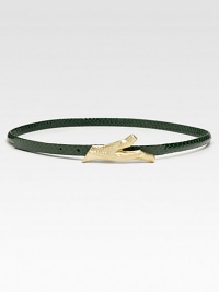 A skinny, supple rattlesnake leather belt with a brass twig closure.Width, about .5Imported A skinny, supple rattlesnake leather belt with a brass twig closure.Width, about .5Imported
