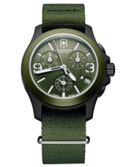 A retro timepiece from Victorinox Swiss Army in army greens, built with precise chronograph tech. A retro timepiece from Victorinox Swiss Army in army greens, built with precise chronograph tech.