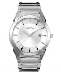 A clean and uncluttered look for ultimate style. Stainless steel bracelet and case. Silvertone patterned dial with logo, date window and stick indexes. Three hands. Quartz movement. Water resistant to 100 meters. Three-year limited warranty. A clean and uncluttered look for ultimate style. Stainless steel bracelet and case. Silvertone patterned dial with logo, date window and stick indexes. Three hands. Quartz movement. Water resistant to 100 meters. Three-year limited warranty.