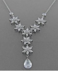 Charter Club Silver Tone Flower with Teardrop Crystal Y- Necklace Charter Club Silver Tone Flower with Teardrop Crystal Y- Necklace