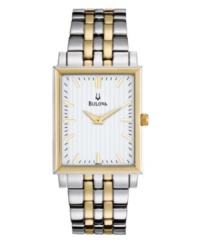 A classic design with the unparalleled sophistication of Bulova. Watch crafted of two-tone stainless steel bracelet and rectangular case. White dial features gold tone stick indices, black minute track, two gold tone hands and logo at twelve o'clock. Quartz movement. Water resistant to 30 meters. Three-year limited warranty. A classic design with the unparalleled sophistication of Bulova. Watch crafted of two-tone stainless steel bracelet and rectangular case. White dial features gold tone stick indices, black minute track, two gold tone hands and logo at twelve o'clock. Quartz movement. Water resistant to 30 meters. Three-year limited warranty.