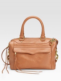 Supple leather look features double handles and a shoulder strap, finished with goldtone hardware.Double handles, about 7 drop Shoulder strap, 16 drop Top zip closure One outside open pocket One inside zip pocket Two inside open pockets Protective metal feet Cotton lining About 13W X 10H X 6½D Imported Supple leather look features double handles and a shoulder strap, finished with goldtone hardware.Double handles, about 7 drop Shoulder strap, 16 drop Top zip closure One outside open pocket One inside zip pocket Two inside open pockets Protective metal feet Cotton lining About 13W X 10H X 6½D Imported