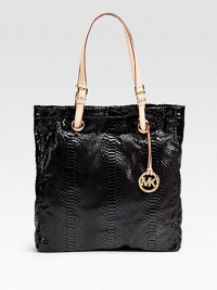 An illuminating python-embossed leather silhouette with contrast matte straps. Shoulder straps, 9 drop Snap closure One inside zip pocket One inside open pocket Metallic leather lining 14W X 15H X 4D Imported An illuminating python-embossed leather silhouette with contrast matte straps. Shoulder straps, 9 drop Snap closure One inside zip pocket One inside open pocket Metallic leather lining 14W X 15H X 4D Imported